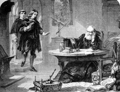 John Milton, Engelse dichter en essayist (1608 - 1674) bezocht Galileo Galilei (Galileo) (1564 - 1642) in zijn cel van de Inquisitie van Florence. Gravure. Circa 1860 door Unknown artist
