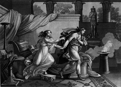 Jozef vlucht voor de vrouw van Potifar die hem probeert te verleiden. Lithografie uit de 19e eeuw door Unknown artist