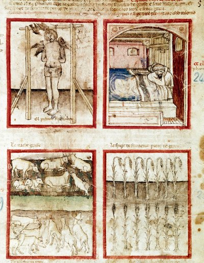 Jozef interpreteert de dromen van de mandenmaker die zijn hoofd verliest. Rechtsboven droomt de farao van de zeven vette koeien, een voorbode van de jaren van overvloed en de zeven magere koeien van de jaren van hongersnood door Unknown artist