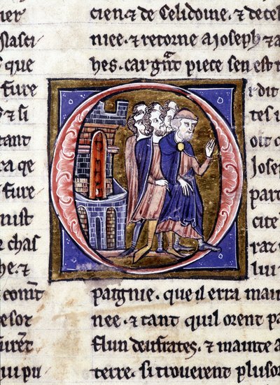 Jozef van Arimathea (Arimathee) en zijn gevolg. Manuscript: Verovering van de Heilige Graal, geschreven 717 jaar na de passie van onze heer. Bibliothèque municipale de Rennes, ms. 255 (Collectie van romans van de Ronde Tafel); Parijs door Unknown artist
