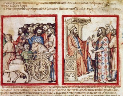 Jozef links naar de begrafenis van zijn vader, daarna gaat hij naar de farao (miniatuur uit codex 212) door Unknown artist