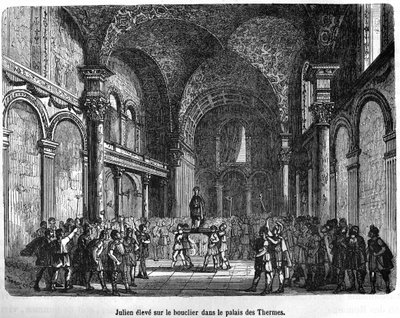 Julien (Flavius Claudius Julianus 331 - 363) opgeheven op het schild in het Thermenpaleis - in 