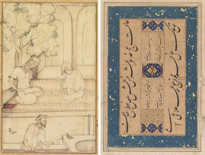 Kabir en Twee Volgelingen op een Terras (recto); Calligrafie (verso) door Unknown artist