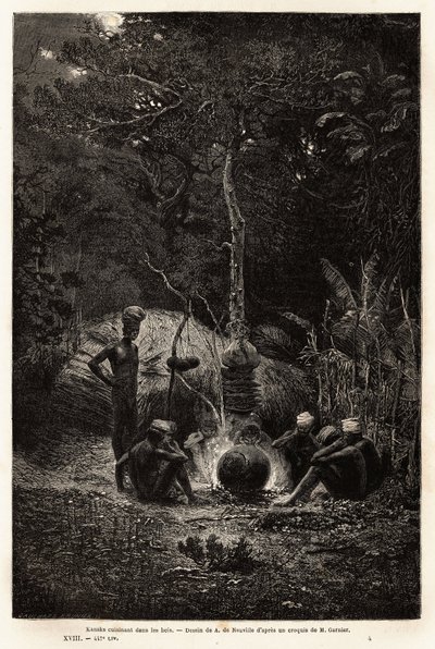 Kanaks koken in het bos, in het gebied van Pamale. Gravure ter illustratie van de reis naar Nieuw-Caledonië, door Jules Garnier, civiel ingenieur van mijnen, in 1863-1866, gepubliceerd in 