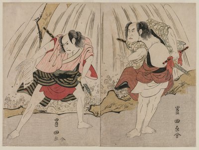 Kataoka Nizaemon VII en Ichikawa Yaozo III in een Confrontatie naast een Waterval door Unknown artist