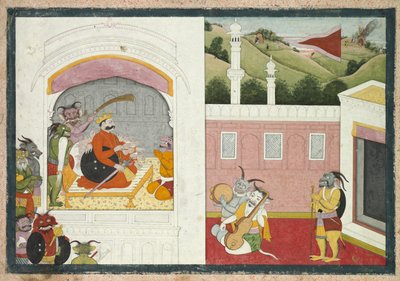 Koning Bana geniet van muziek in zijn hof, uit de Usha-Aniruddha sectie van een Krishna Lila door Unknown artist