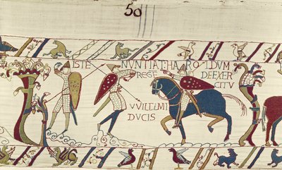 De boodschapper van koning Harold brengt hem nieuws over het leger van hertog Willem, Tapijt van Bayeux door Unknown artist