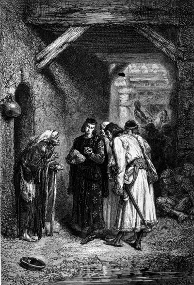 Koning Lodewijk IX of Sint Lodewijk onderzoekt het brood van arme mensen en ontdekt dat het droog is. door Unknown artist