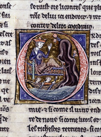Koning Modreius. Manuscript: Verovering van de Heilige Graal, geschreven 717 jaar na de passie van onze heer. Bibliotheque municipale de Rennes, ms. 255 (Collectie van romans van de Ronde Tafel); Parijs door Unknown artist