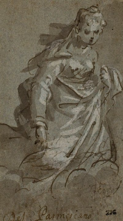 Knielende wolkenvrouwfiguur (recto); figuurschetsen (verso) door Unknown artist