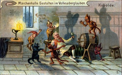 Kobolden, kleine elfen of farfadets uit de Duitse volksverhalen. Chromolithografie uit de 19e eeuw door Unknown artist