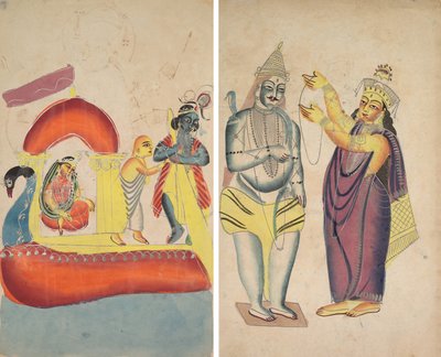 Krishna brengt Radha over de Yamuna rivier (recto); Parivati plaatst een trouwkrans op Shiva (verso) door Unknown artist