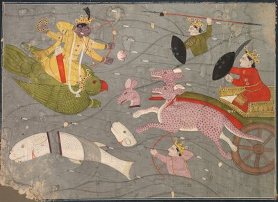 Krishna Vechten met de Zonen van Vanasura: Scène uit de Aniruddha Usha Sectie van Krishna Lila door Unknown artist