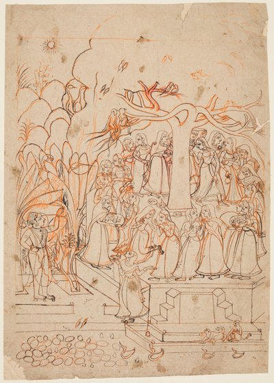 Krishna kijkt naar de melkmeisjes die een heilige boom omcirkelen: de maand Jyestha (mei-juni), uit een Baramasa (De twaalf maanden) door Unknown artist