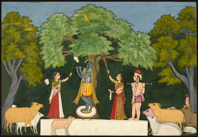 Krishna vermaakt zijn metgezellen door Unknown artist
