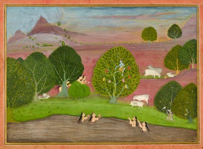 Krishna steelt de kleren van de gopis, folio uit een Bhagavata Purana door Unknown artist