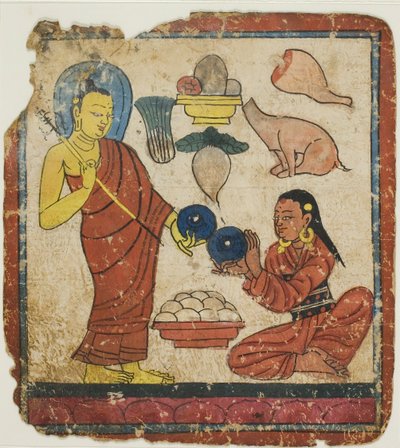 Dame die voedsel aanbiedt aan een monnik, uit een set inwijdingskaarten (Tsakali) door Unknown artist