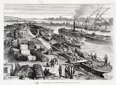 Lossen van goederen op een dok in het Suezkanaal door Unknown artist