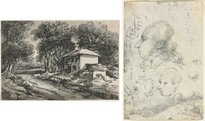 Landschap met Huisje (recto); Studies van Hoofden (verso) door Unknown artist