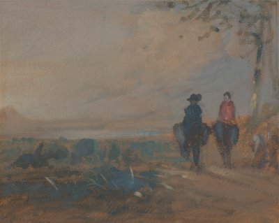 Landschap met meer en twee figuren te paard door Unknown artist