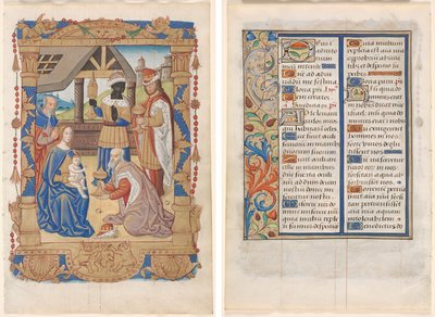 Blad uit een Getijdenboek: Aanbidding der Wijzen (recto) en tekst met geïllustreerde rand (verso) (3 van 3 uitgesneden bladen) door Unknown artist