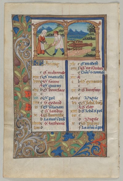 Blad uit een Getijdenboek: Kalenderpagina voor juni (verso) door Unknown artist