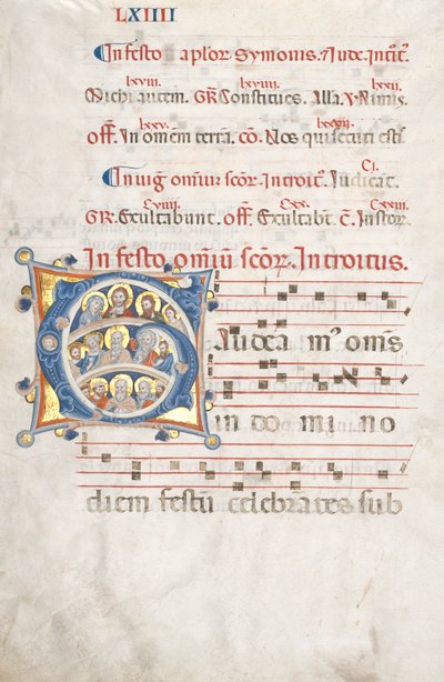 Blad uit een Graduale: Initiaal (G) met Christus, de Maagd, en Apostelen door Unknown artist