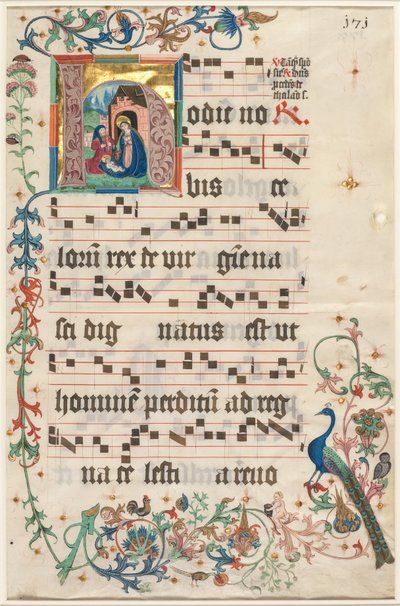 Blad uit een Antifonarium: Initiaal H met de Geboorte (recto) door Unknown artist