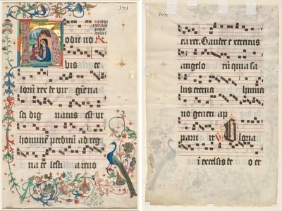 Blad uit een Antifonarium: Initiaal H met de Geboorte (recto) en Tekst (verso) door Unknown artist