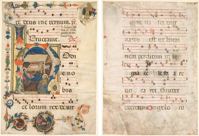Blad uit een Antifonarium met Geïllustreerde Initiaal (H) met De Geboorte (recto) en Muziek (verso) door Unknown artist