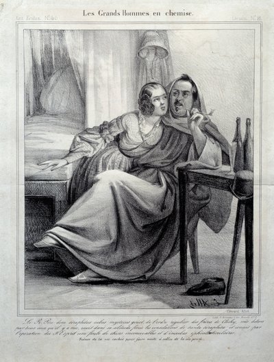 Les grands hommes en chemise Representatie van de schrijver Honore de Balzac (1799-1850) die een jonge vrouw omhelst terwijl hij een sigaret rookt. Illustratie van E. Allet (19e eeuw) Parijs, Maison Balzac door Unknown artist
