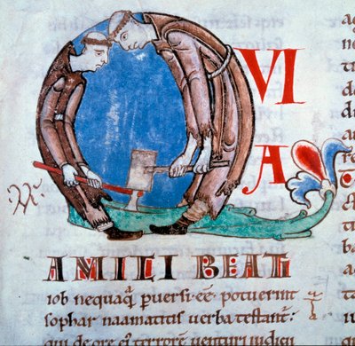 Lettrine Q die de ontginnende monniken voorstelt (miniatuur uit de Moralia in Job van St. Gregorius I) door Unknown artist