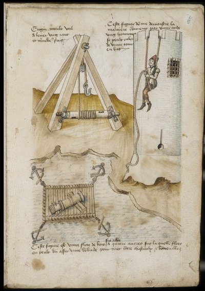 Hefboom machine en systeem voor het beklimmen van een toren met een touw - Manuscript: perkamentblad van een ingenieurshandboek voor de bouw van civiele, religieuze en militaire gebouwen, anoniem, laat 15e eeuw (figuur in Chinese inkt) door Unknown artist
