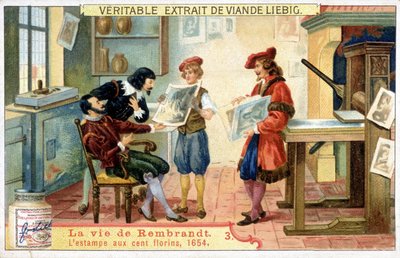 Liebig chromolithografie over het leven van Rembrandt (1606 - 1669) Nederlandse schilder. Dit is de 100 guldenprent in 1654. door Unknown artist