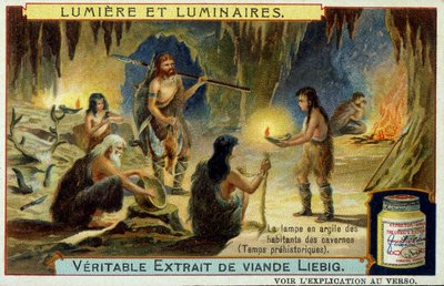 Licht en lichtarmaturen: de kleilamp van grotbewoners tijdens de prehistorie. Illustratie op Liebig-verpakkingen. door Unknown artist