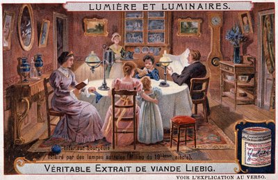 Lichten en lampen, burgerlijk interieur verlicht door astrale lampen - chromo. Liebig ca. 1895 door Unknown artist