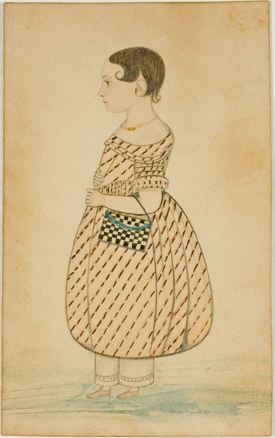 Klein meisje met geruite tas in profiel naar links door Unknown artist