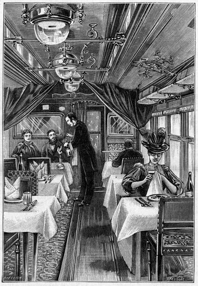 Luxe treinen in Europa: binnenaanzicht van een restauratiewagon. Gravure in 