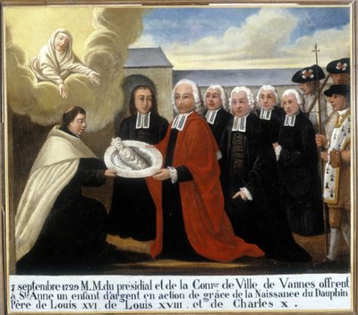 MM du Presidial en de Gemeente van Vannes bieden Sint-Anne een zilveren kind aan als dank voor de geboorte van de dolfijn Louis de France door Unknown artist