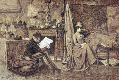 Mevrouw mokt, koppel, hij leest de krant en zij zit op de bank en is beledigd door Unknown artist