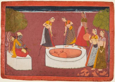 Madhava Speelt zijn Vina voor Vijf Vrouwen die Water uit een Put Halen, uit een Madhavanala Kamakandala door Unknown artist