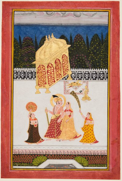 Maharana Ari Singh II van Mewar met zijn gemalin op een terras door Unknown artist