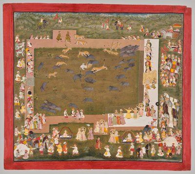 Maharana Sangram Singh II van Mewar (r. 1710-34) en organiseert een zwijnenjacht met tijgers in Sadri door Unknown artist