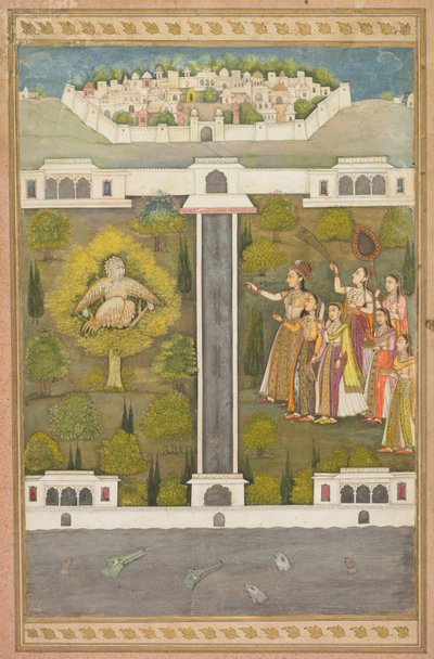 Mahliqa, Dochter van de Keizer van China, Wijst naar de Vogelman Khwaja Mubarak: Een Blad uit een Poëtische Roman over Shah Alam I (verso); Gesjabloneerde Scènes van Leeuw en Gazelle (verso) door Unknown artist