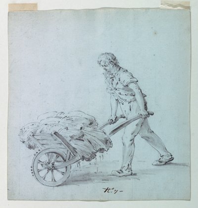 Man die een Kruiwagen Duwt, Mogelijke Schets voor een Eiland voor een Katoendruk door Unknown artist