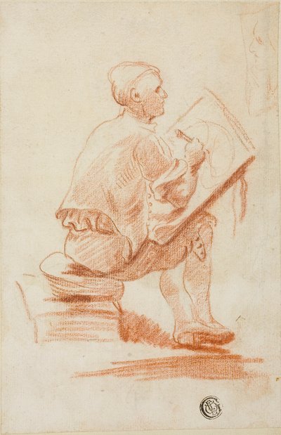 Man zittend op kruk door Unknown artist