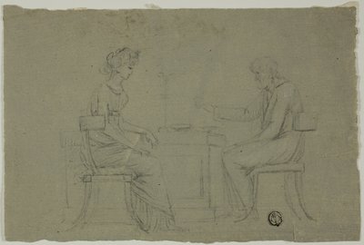 Man en vrouw zittend aan tafel door Unknown artist