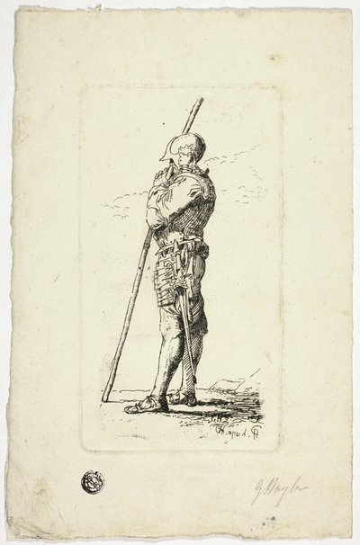 Man in harnas met staf door Unknown artist