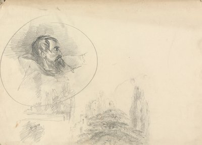 Man met kap en landschap door Unknown artist
