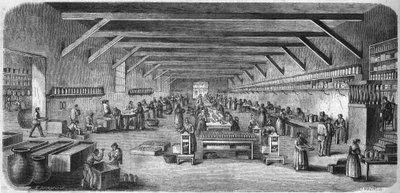 Fabricage van mosterd en conserven bij Louit freres in Bordeaux. Flessen- en verpakkingsruimte (gravure uit 1865) door Unknown artist